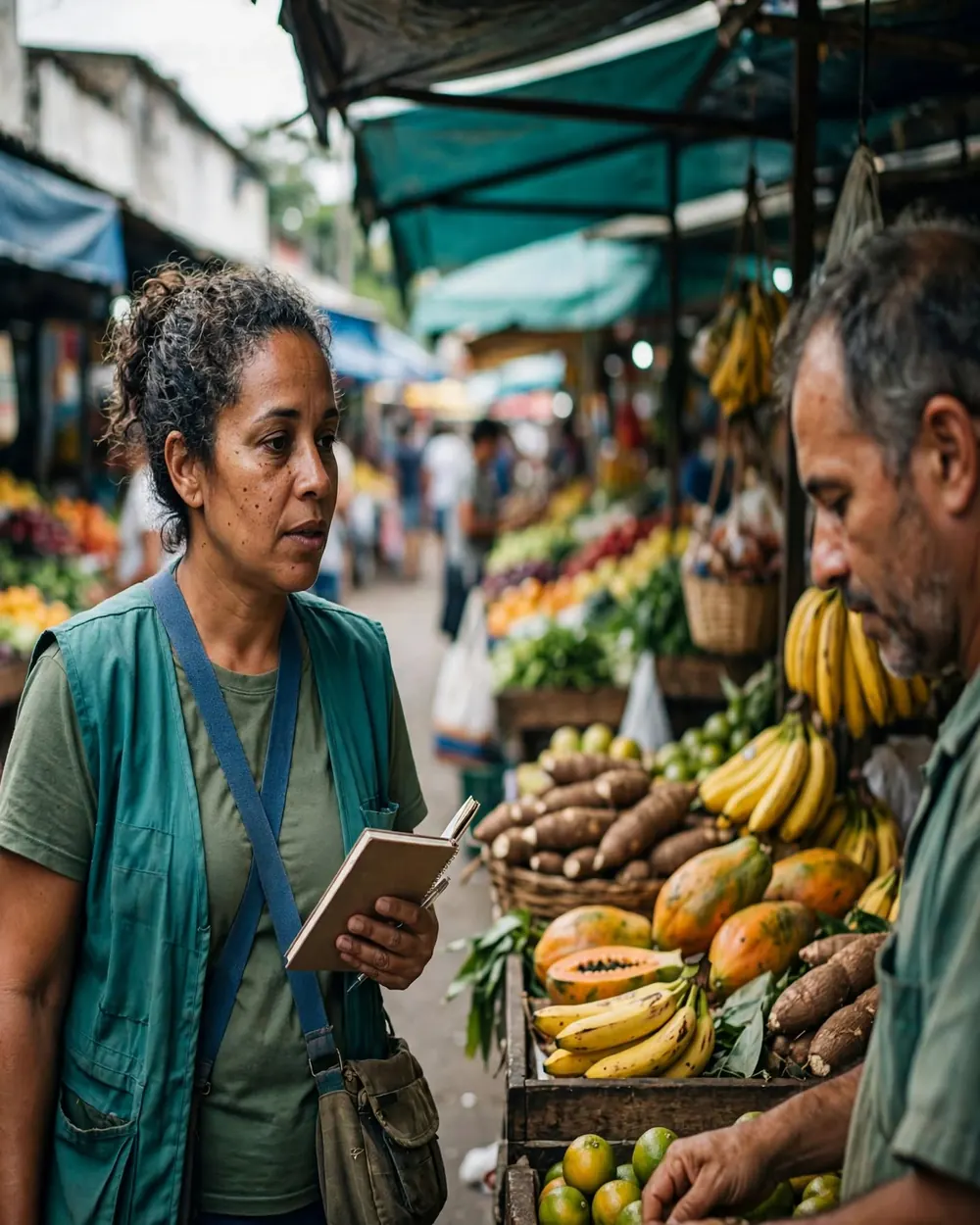 Uma agente comunitária de saúde, de colete, conversa com um feirante numa feira livre, entre bancas de banana, mamão e mandioca