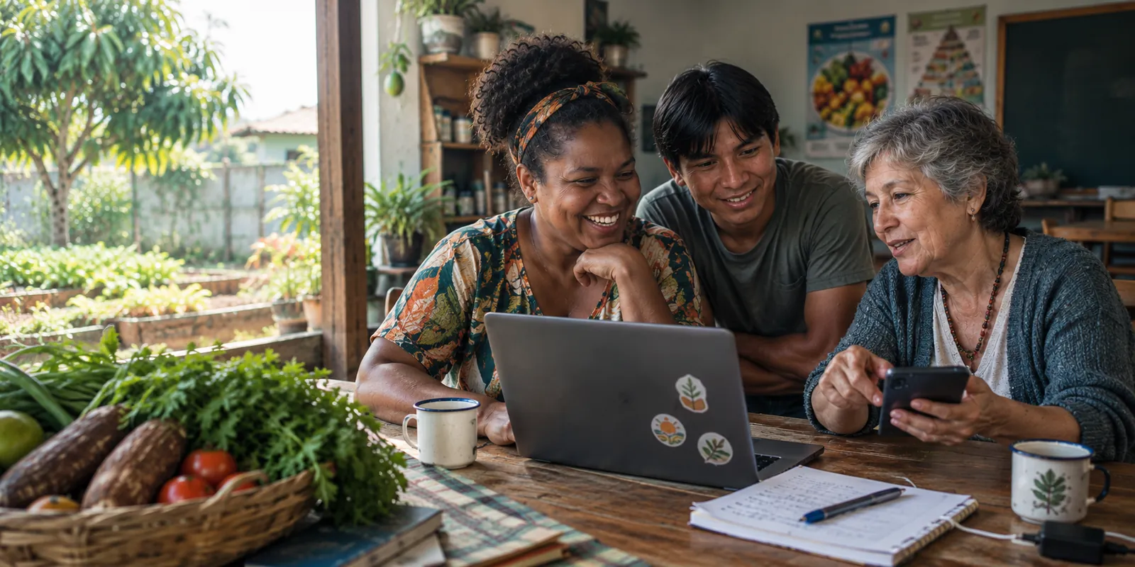 Três pessoas sorrindo em volta de um notebook numa mesa com frutas e verduras, estudando juntas um curso online