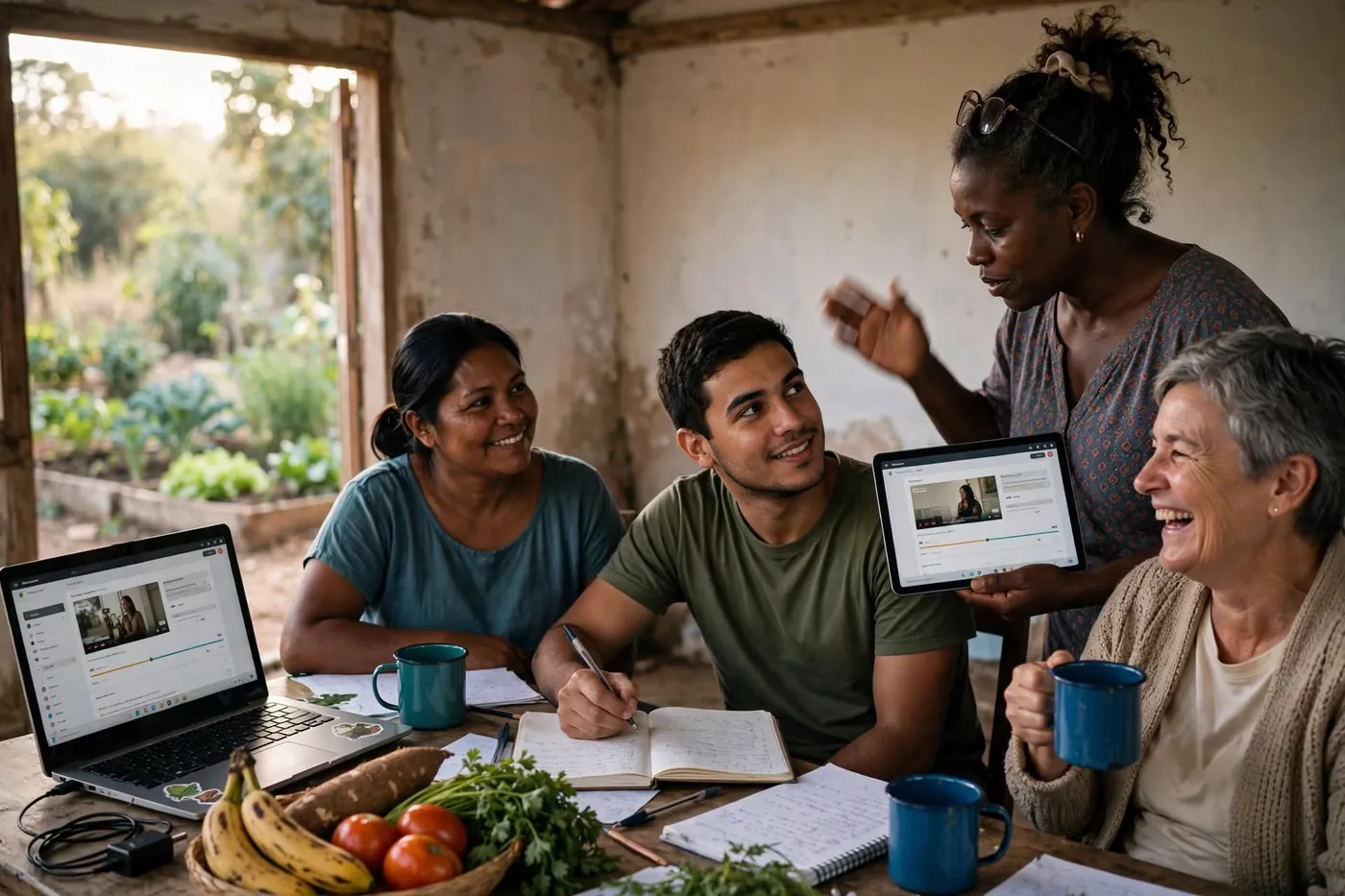 Uma educadora mostra um vídeo num tablet para um grupo que estuda em volta de uma mesa com cadernos e um notebook