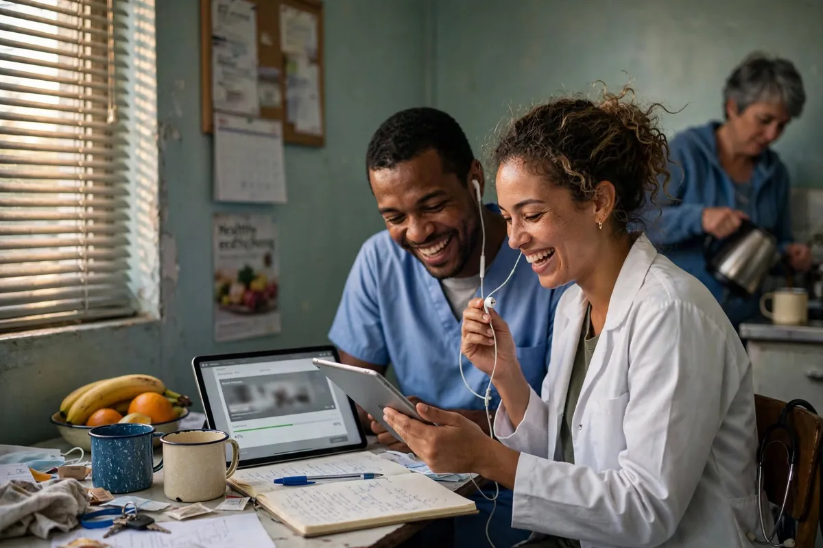 Um enfermeiro e uma nutricionista dividem fones de ouvido e riem enquanto assistem a uma aula num tablet