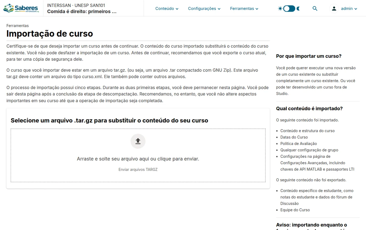 Tela de importação de curso no Studio