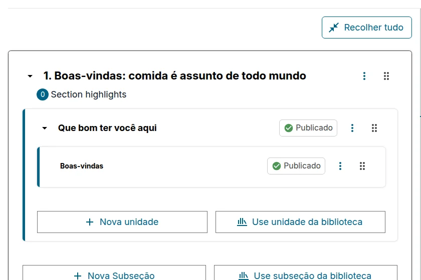 Seção e subseção na estrutura do curso