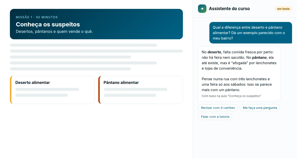 Assistente do curso respondendo a dúvida de um estudante com base na aula (em teste)
